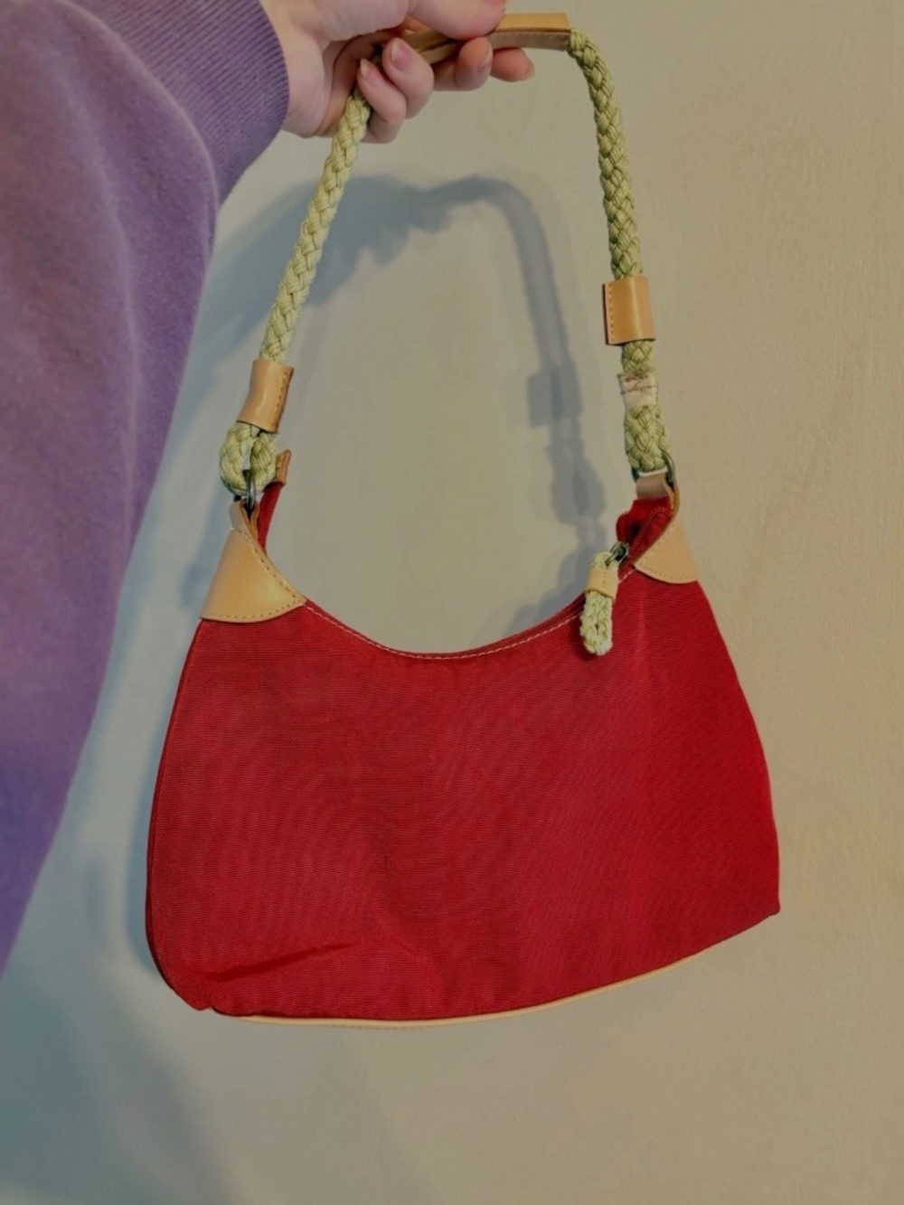 Fossil Shoulder Bag Purse Canvas Ruby Red w/ Rope Handles Brown Leather Accents